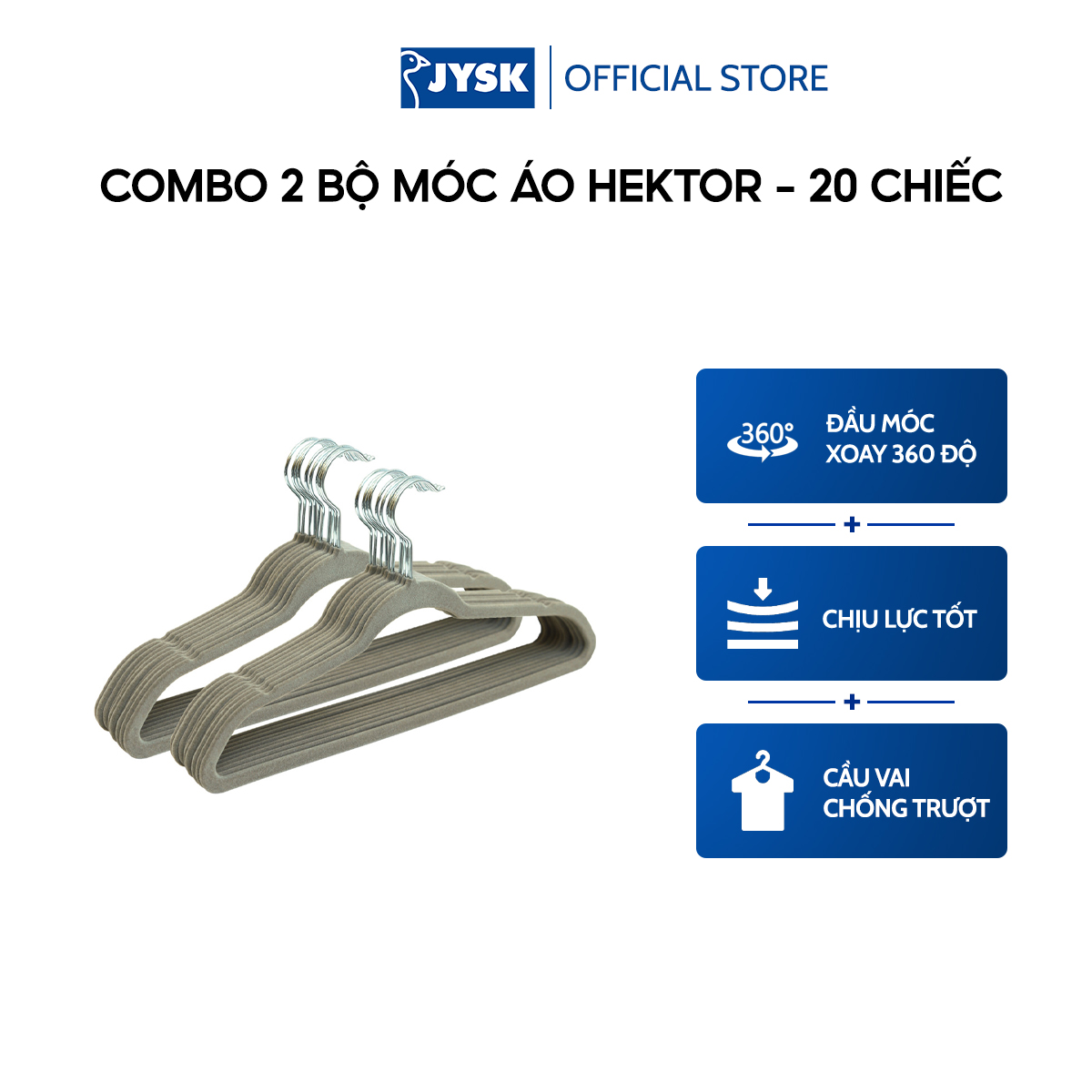 Combo 02 bộ móc áo | JYSK Hektor | bọc nhung màu xám | 45x24x0.5cm | Bộ 10 chiếc