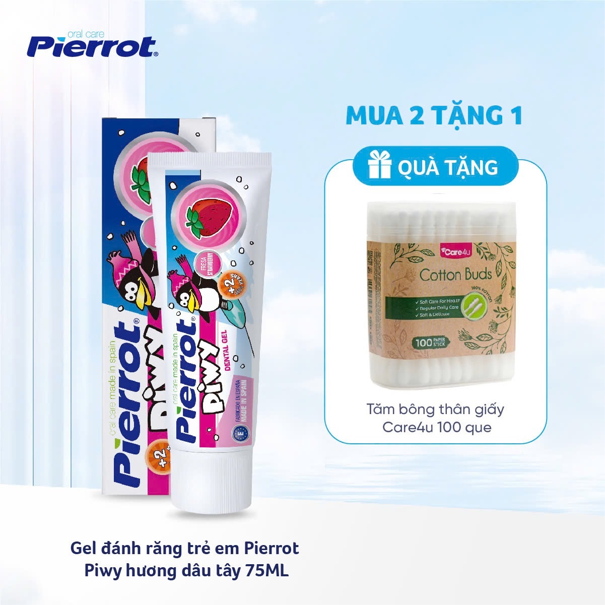 [ Mua 2 TẶNG 1 hộp bông tăm Care4u ] Gel đánh răng hương dâu tây cho trẻ em PIWY 50ml