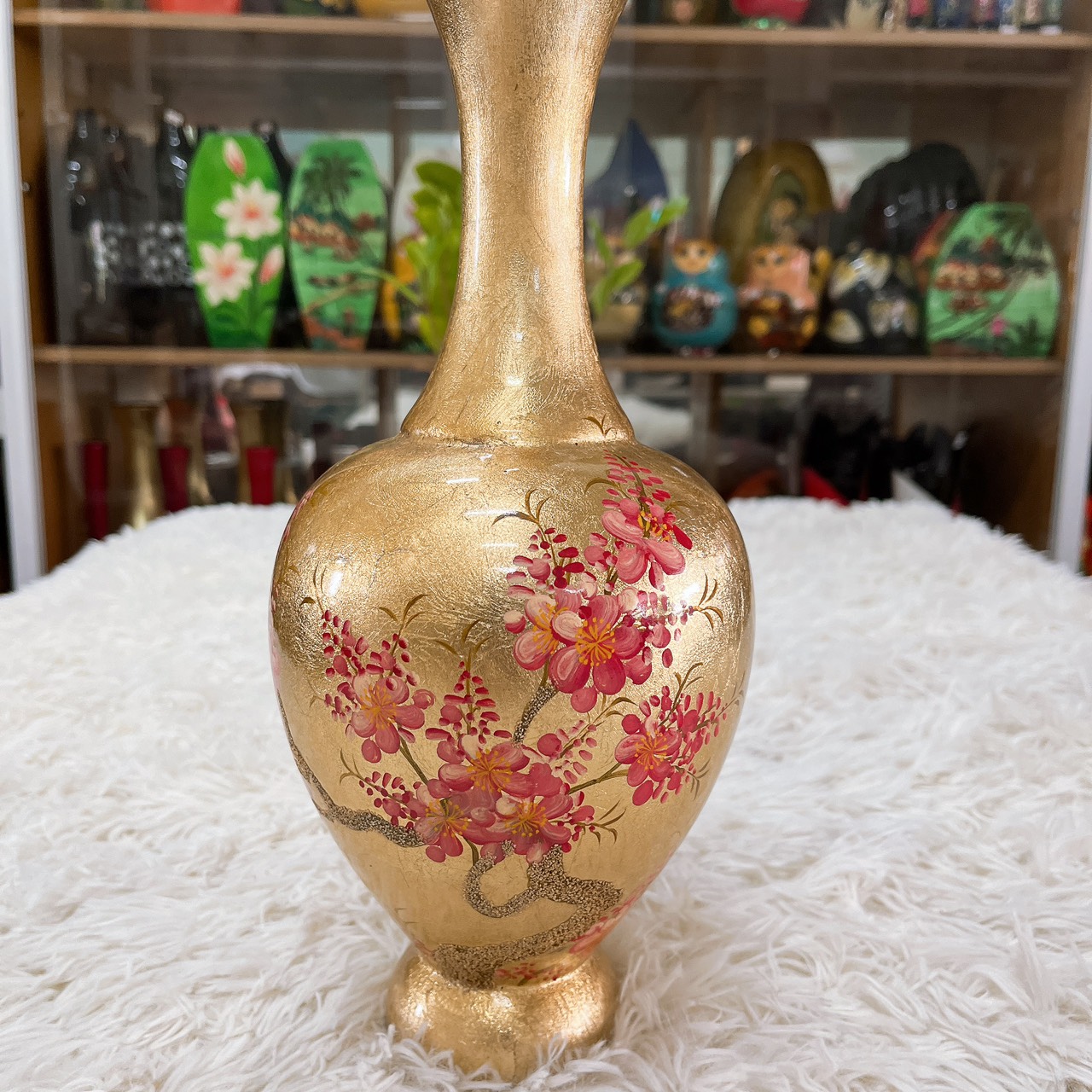 Bình hoa sơn mài  dát vàng Thanh Bình Lê hoa đào size 30x14 cm