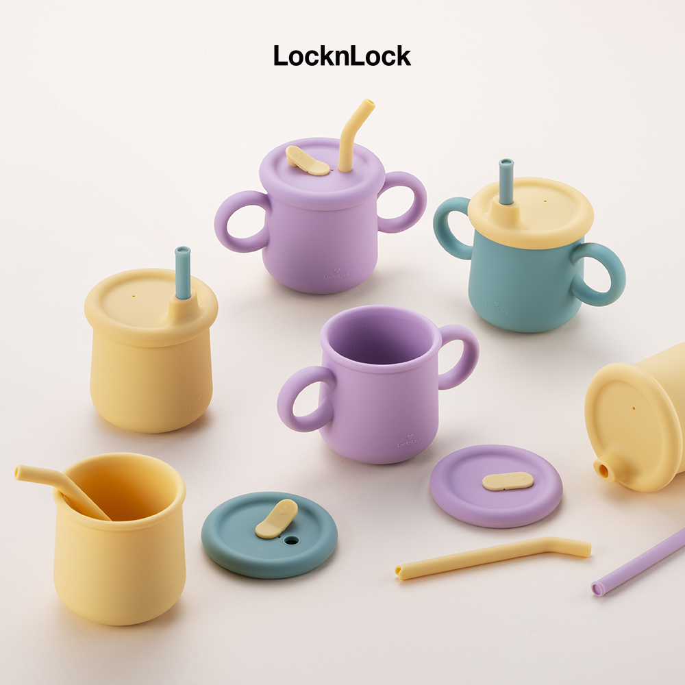 Bộ ly cốc cho bé Lock&amp;Lock 200ml Little Luv Silicone Straw Cup màu tím vàng LBB015S7VOL - Hàng chính hãng có quai cầm và ống hút - JoyMall
