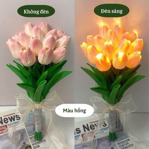 Bó 10 Cành Hoa Tulip Kèm Đèn Led Phát Sáng Hoa Cưới Hoa Lụa Giả Kèm Nơ Xinh Decor Trang Trí Nhà Cửa