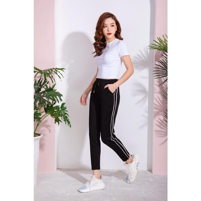 Quần jogger nữ 2 sọc nhí stars cao cấp, quần thể thao nữ dây rút màu đen chất Mỳ Hàn