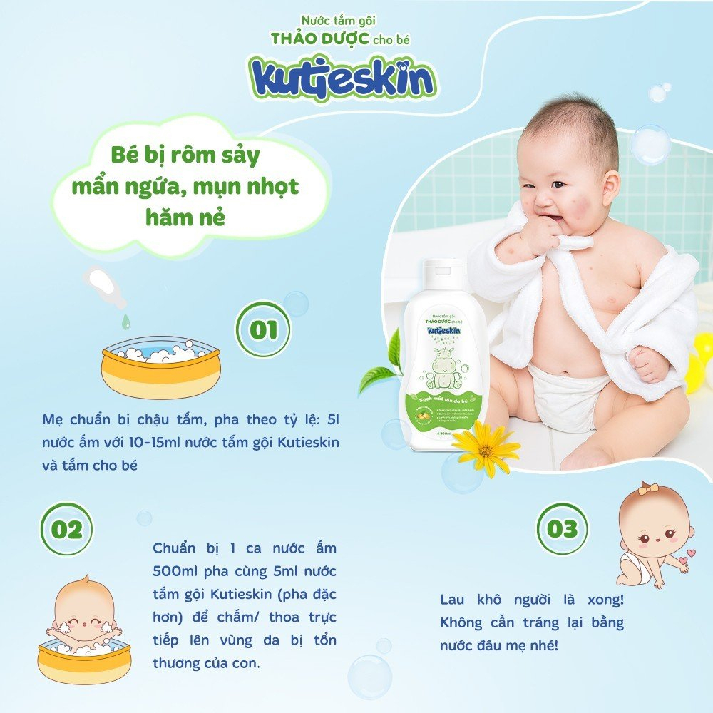 Nước tắm gội thảo dược cho bé Kutieskin 200ml, làm sạch dịu nhẹ, chăm sóc và bảo vệ da bé