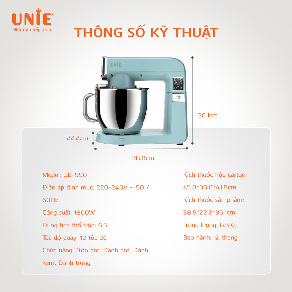 Máy nhồi bột trộn bột đánh trứng Unie UE-990 dung tích 6.5L - Hàng chính hãng