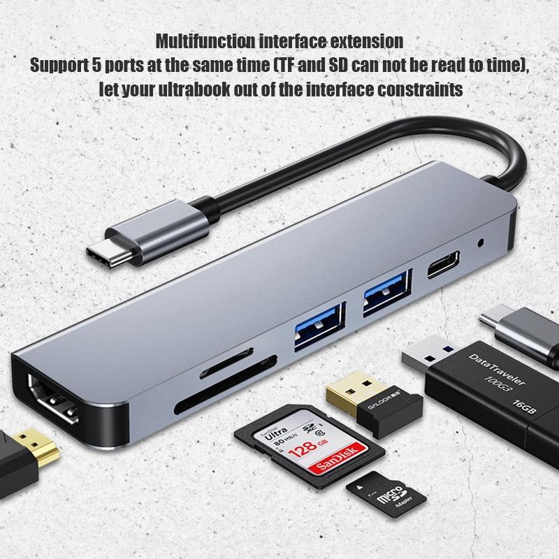 Đầu chia Hub Usb cổng cắm Type C 6 trong 1 với đầu đọc 4k 30hz HDMI tiện dụng chất lượng cao