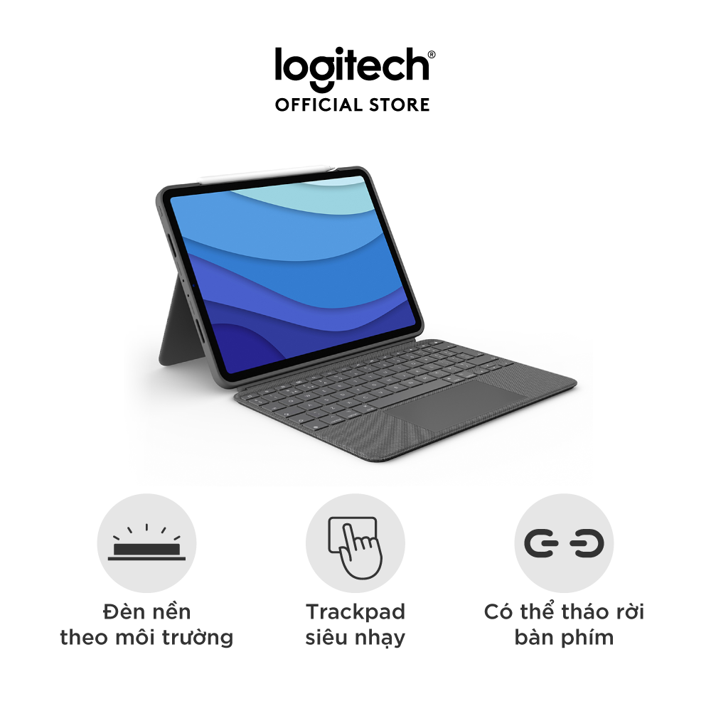 Bao da kèm bàn phím Logitech Combo Touch dành cho iPad Pro 12.9 inch (gen 5) - Bàn phím Backlit có thể tháo rời, Trackpad siêu nhạy - Hàng chính hãng
