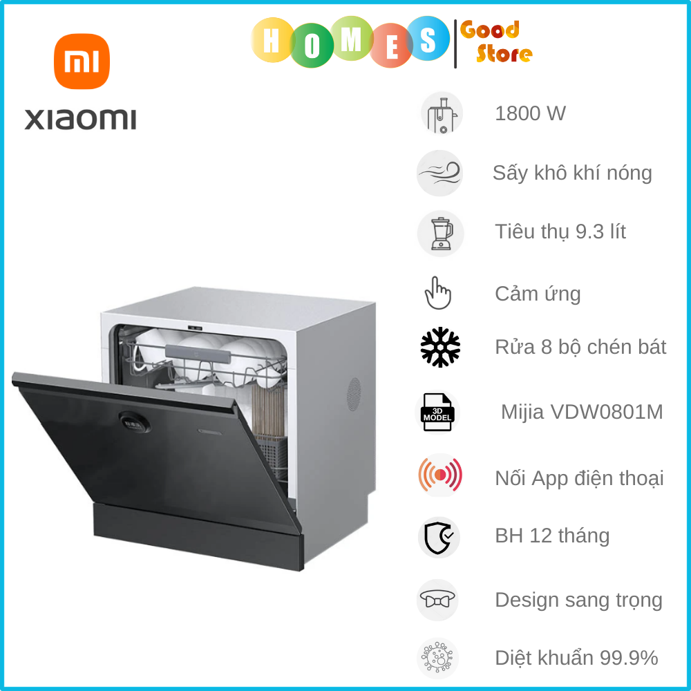 Máy Rửa Bát Xiaomi Mijia 8 Bộ – Khử Trùng 99,9%, Tiêu Thụ Nước Ít Hơn 85% Rửa Tay, Kết Nối App Thông Minh - Hàng Nhập Khẩu