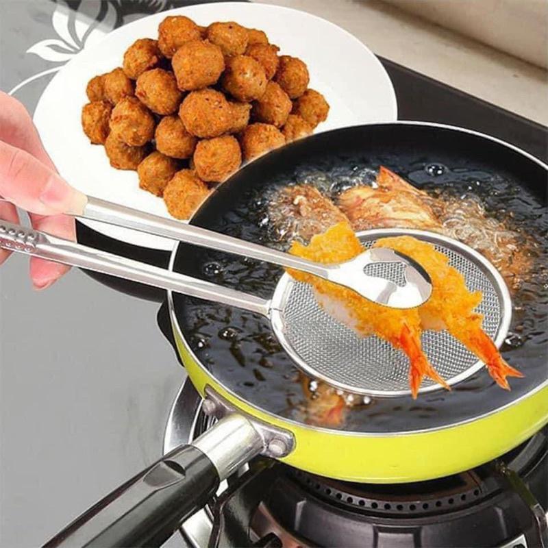 Kẹp Vợt Gắp Thực Phẩm Chiên Rán Thép Không Gỉ, Vớt Cặn Dầu Chiên Có Lưới