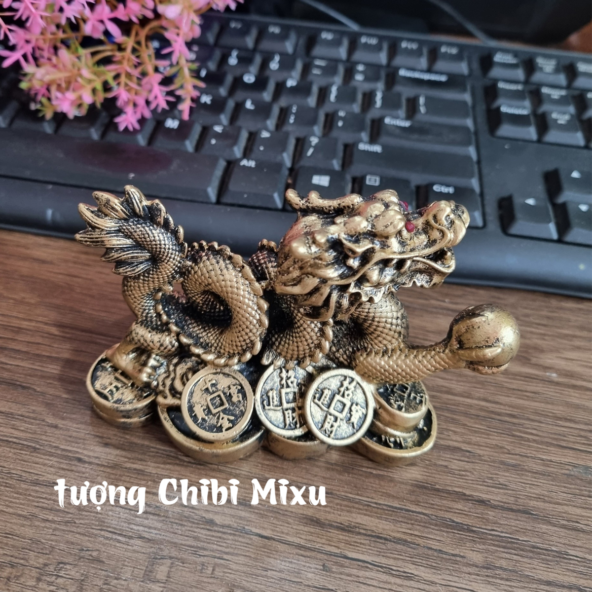Tượng Rồng cuộn cầm ngọc sơn giả đồng, Rồng nhả ngọc phong thủy 11cm, Tượng đá trang trí Rồng phong thủy Giàu có Quà tặng Đồ trang trí