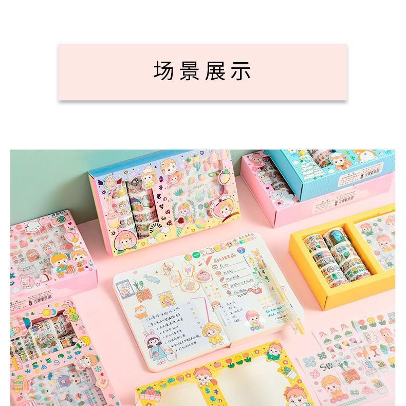 Set Hộp Washi Tape Cô Bé Đáng Yêu Băng Keo Hình Dán Cute Sticker Anime Trang Trí Sổ Combo 10 Cuộn 10 Stickers Cute