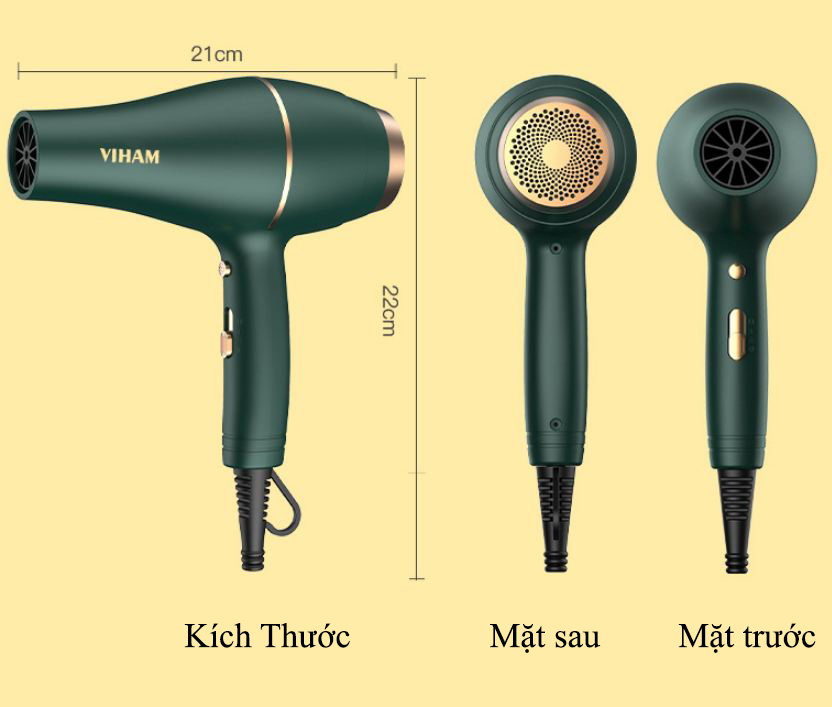 Máy Sấy Tóc VIHAM, 3 Chế Độ Nóng - Lạnh, Công Suất 3500W, Động Cơ AC Tạo Sức Gió Cực Mạnh, Tặng 3 Món Phụ Kiện - Hàng Chính Hãng