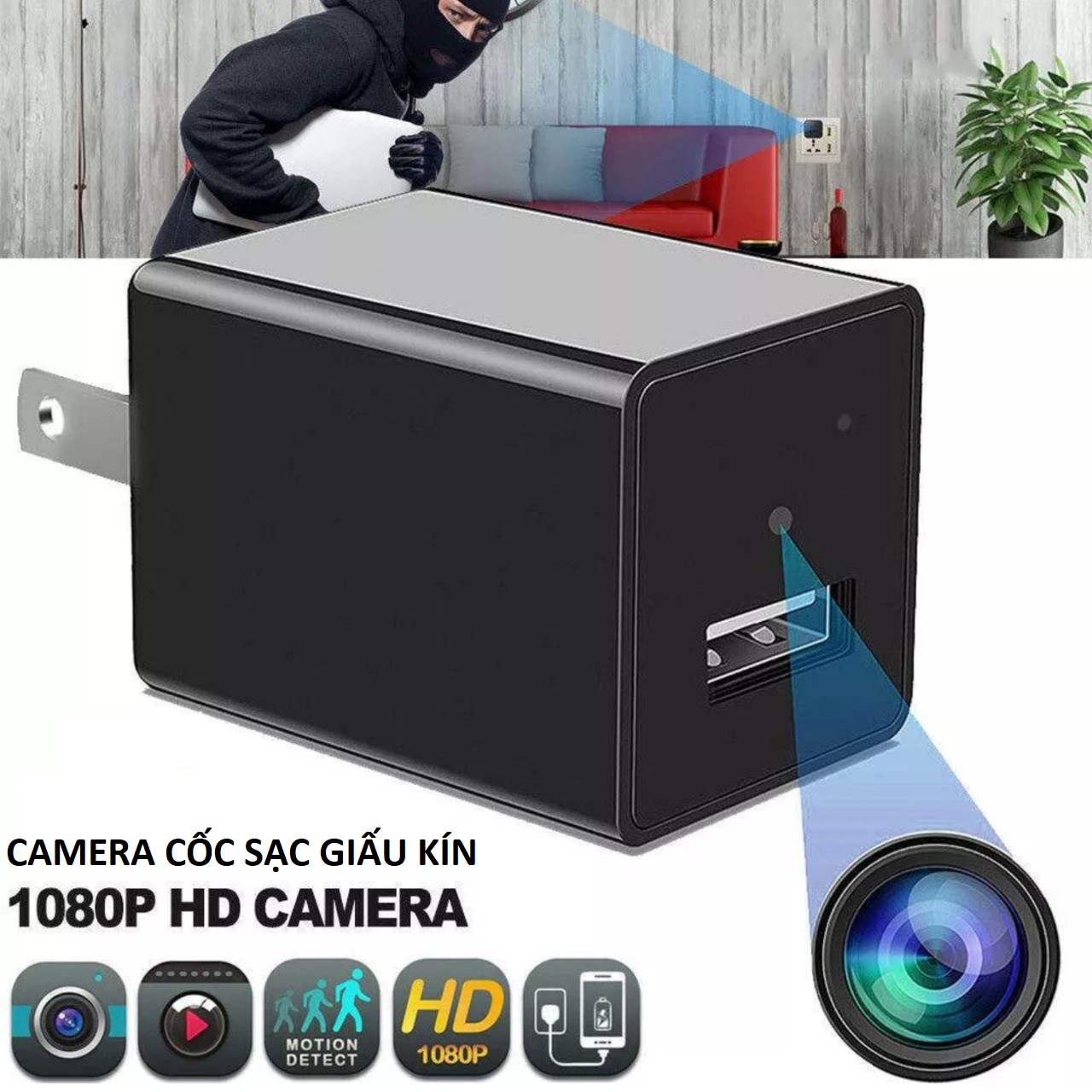 Camera cốc sạc mini quan sát giấu kín góc quay rộng 90 độ chất lượng hình ảnh HD 1080p 4K loại tốt