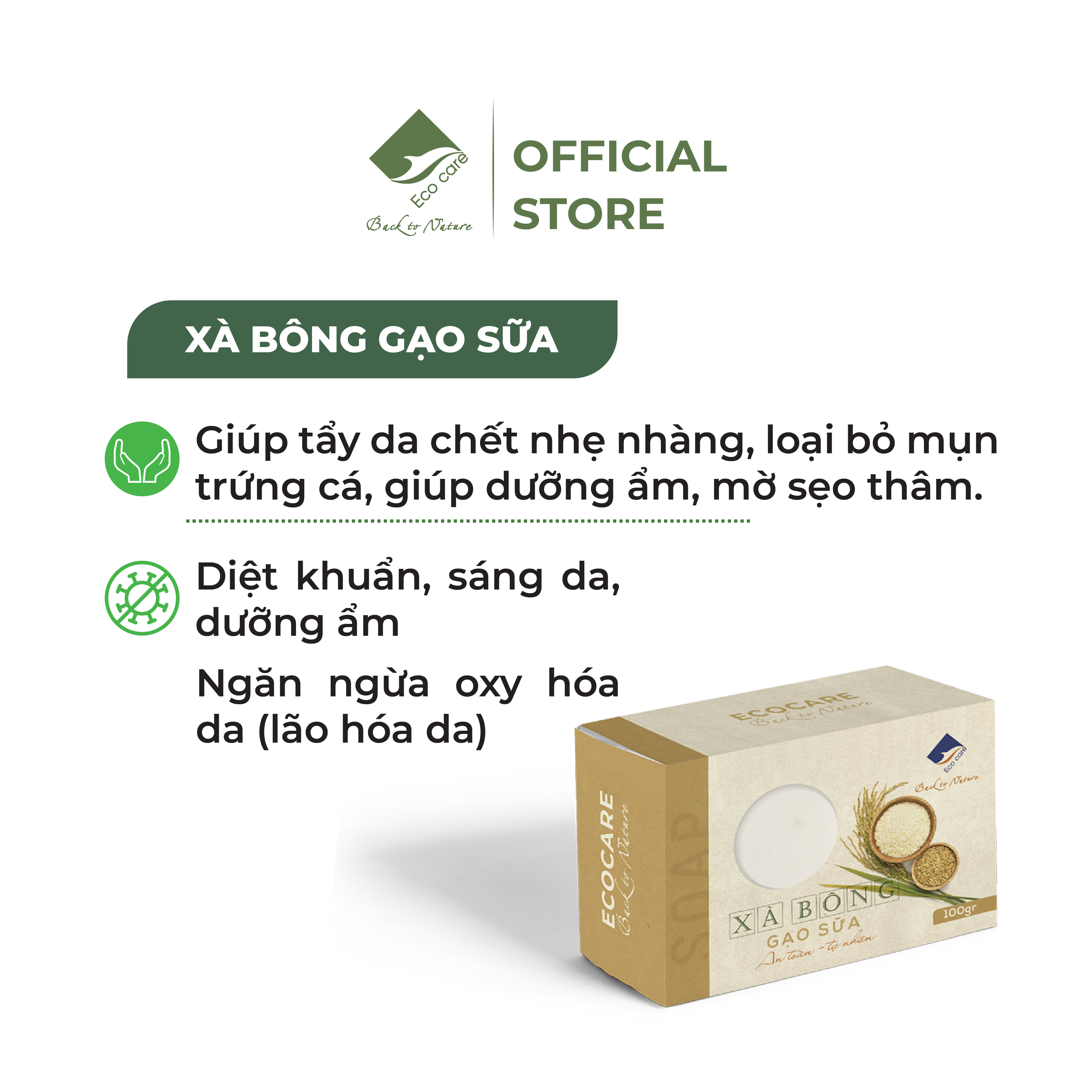 Xà Phòng Chiết Xuất Gạo Sữa ECOCARE 100g Thành Phần Hữu Cơ Tự Nhiên, Xà Bông Giúp Sáng Da, Dưỡng Ẩm Hiệu Quả Và An Toàn