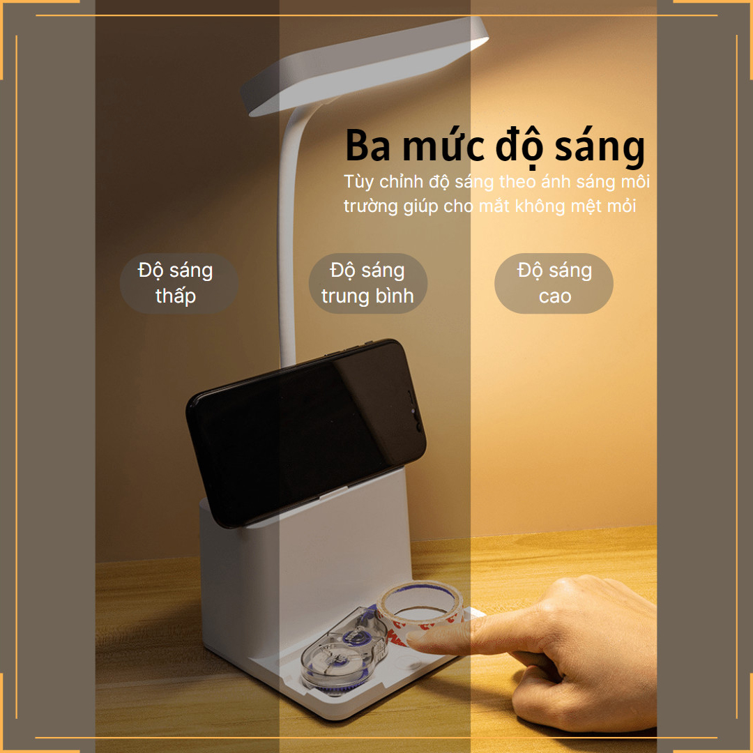 Đèn học để bàn Pin sạc 2500 mAh Đựng bút 3 nhiệt độ màu Làm mờ vô cấp Hình chữ nhật