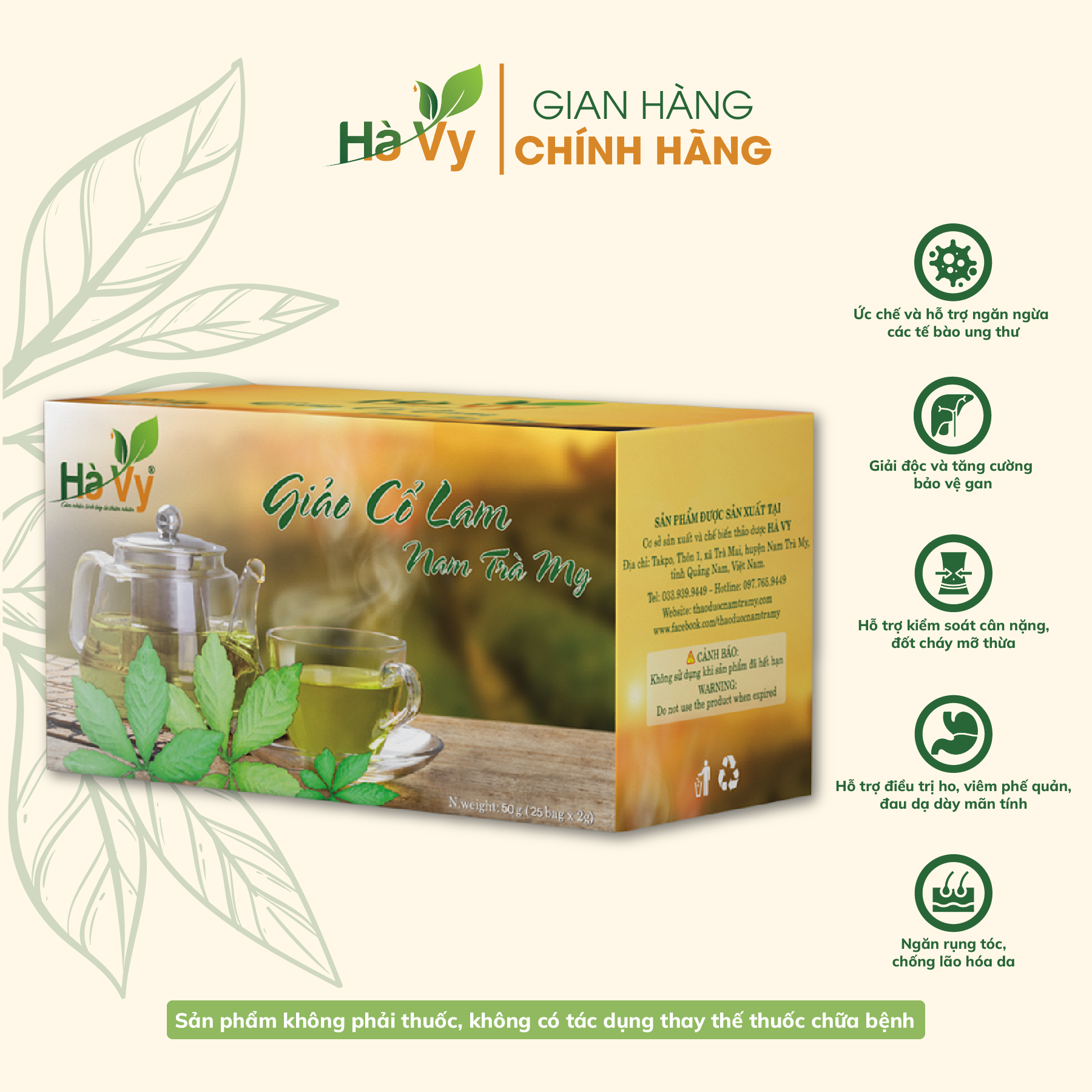 Trà Giảo Cổ Lam Nam Trà My Hà Vy cải thiện giấc ngủ, phòng tai biến, hỗ trợ giảm cân hiệu quả (hộp 25 túi lọc x 2g)