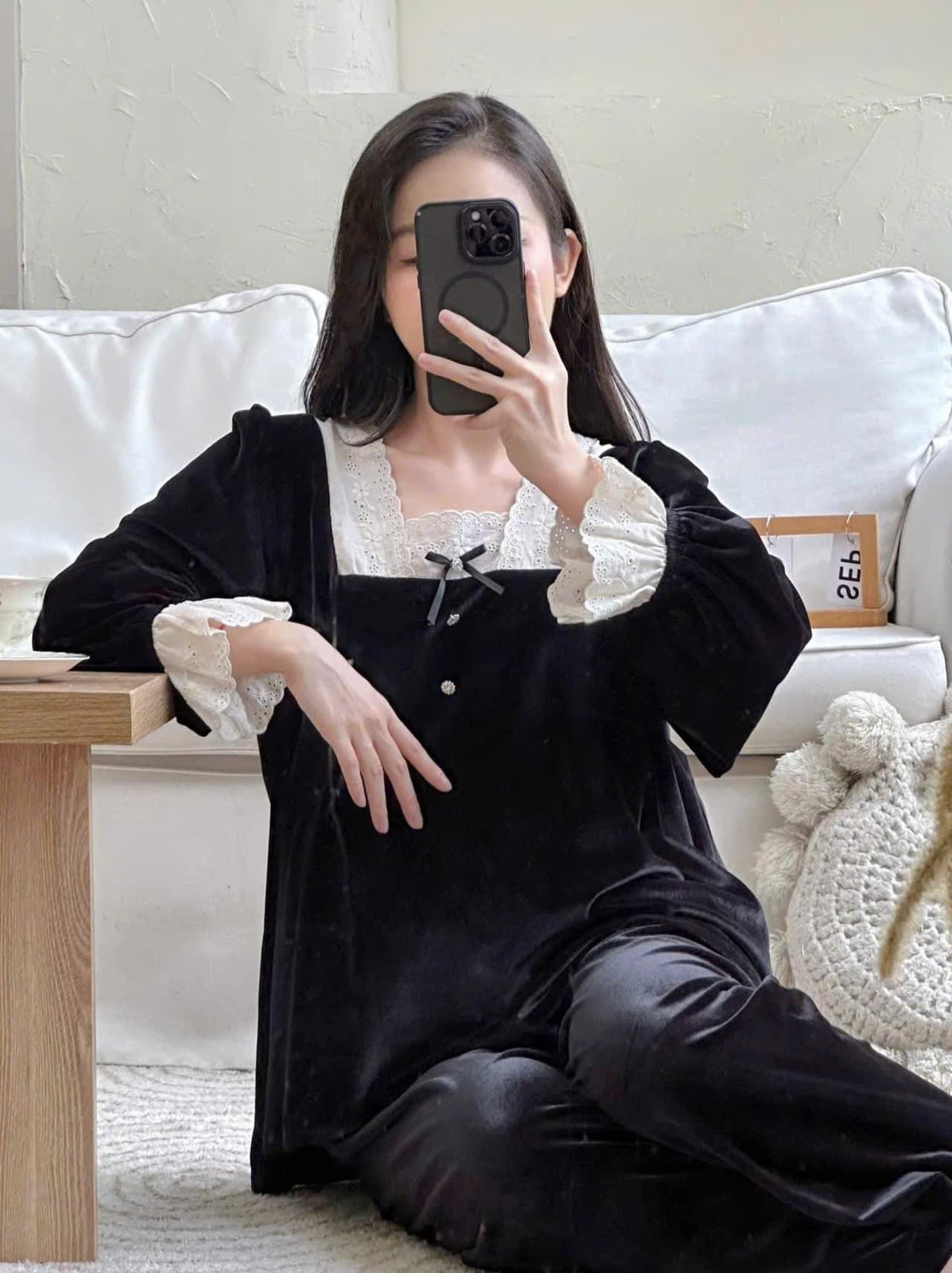 Bộ đồ bầu thu đông, bộ bầu sau sinh cao cấp chất nhung mềm phối cùng cổ ren chất thô boi thiết kế Azuno - M&lt;58kg