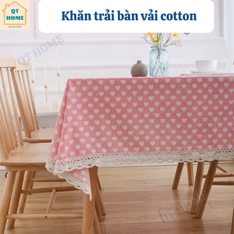 Khăn Trải Bàn Vải Cotton Nền Hồng, Họa Tiết Trái Tim, Viền Ren