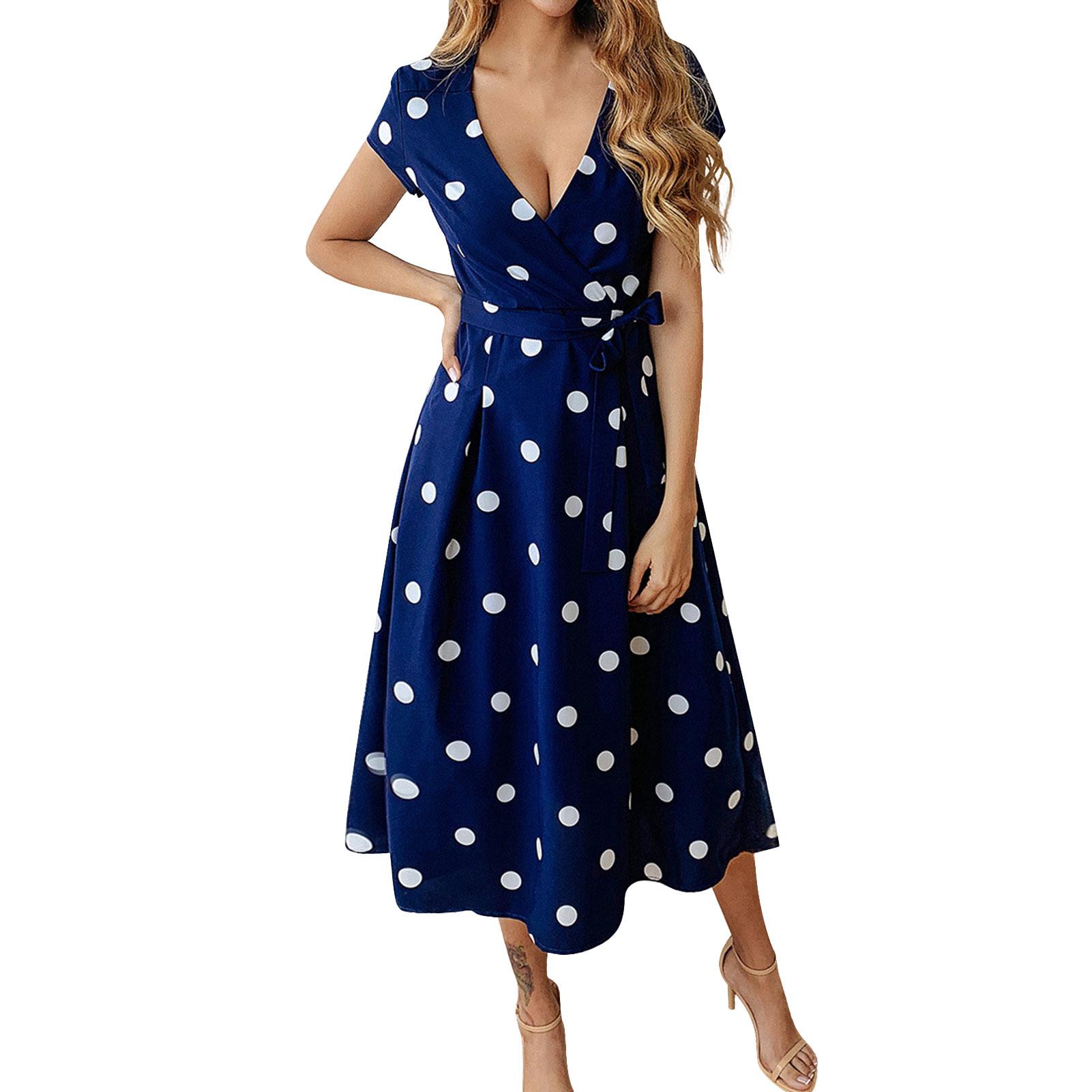 Women Dot Dress Vintage Belted Empire Dress V Neck Short Sleeve Summer Party Swing Dress