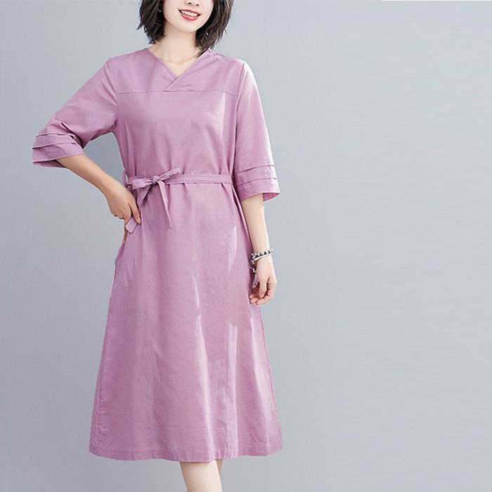 Đầm suông linen cổ tim chồng tay lỡ, thời trang hè thu - Tím nhạt