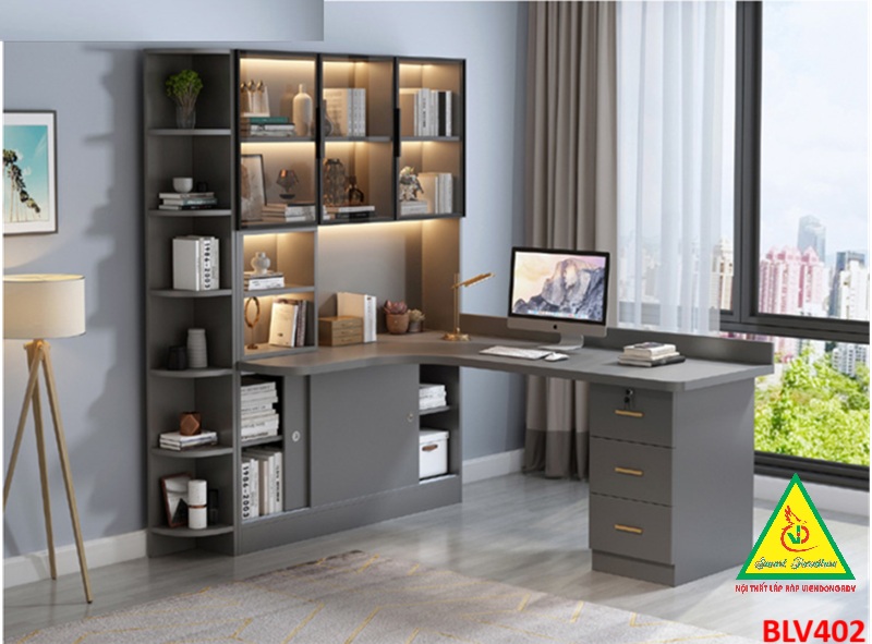 BÀN HỌC – BÀN LÀM VIỆC LIỀN KỆ GỖ MDF TỦ CÁNH KÍNH CÓ ĐÈN LED BLV402 - NỘI THẤT LẮP RÁP VIENDONGADV
