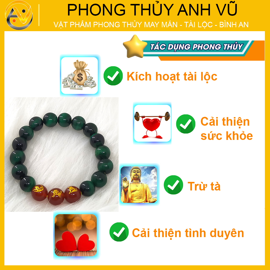 Vòng phong thủy mệnh kim tam hợp dần ngọ tuất - chất liệu mắt hổ vàng nâu - size 8 10 12ly cho nam nữ - Vòng Tam Hợp Anh Vũ