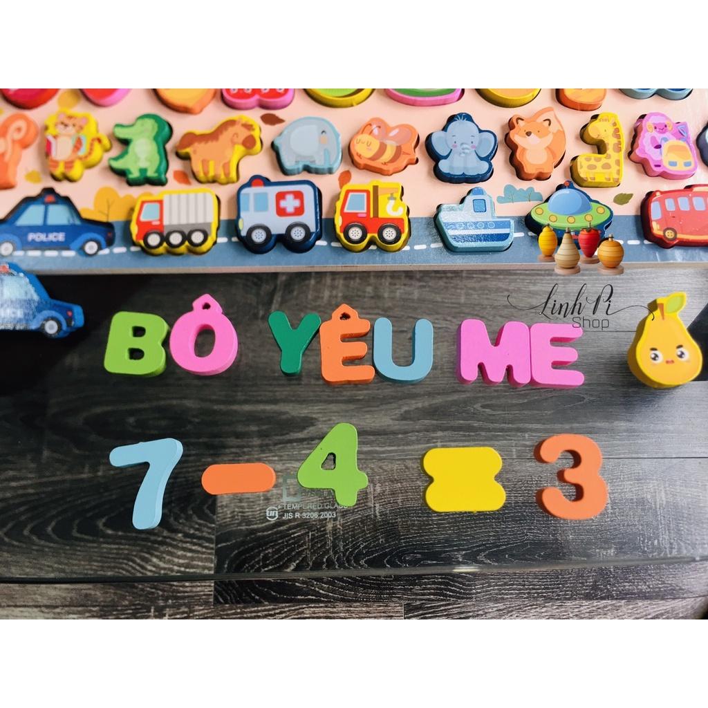 Bảng gỗ 6 in 1 - Bảng câu cá đa năng, số đếm, chữ cái, hình học, phương tiện giao thông