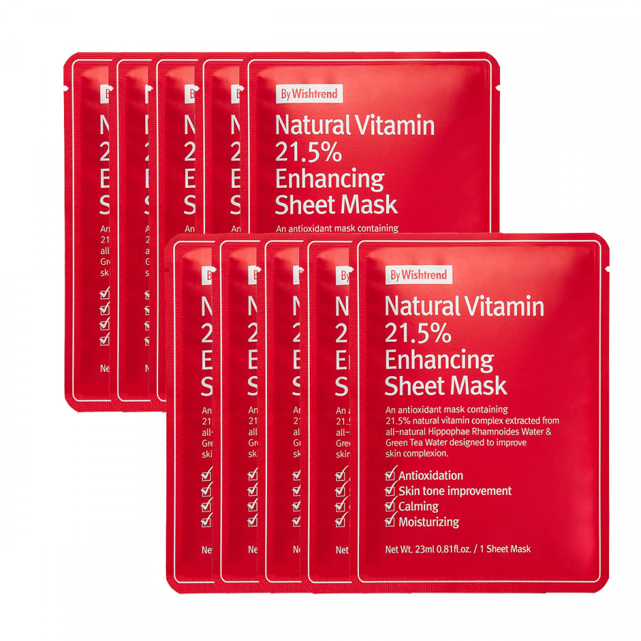 Combo 10 Mặt nạ giấy dưỡng trắng da làm mờ vết thâm By Wishtrend Natural Vitamin C 21.5 Enhancing Sheet Mask 23g x10