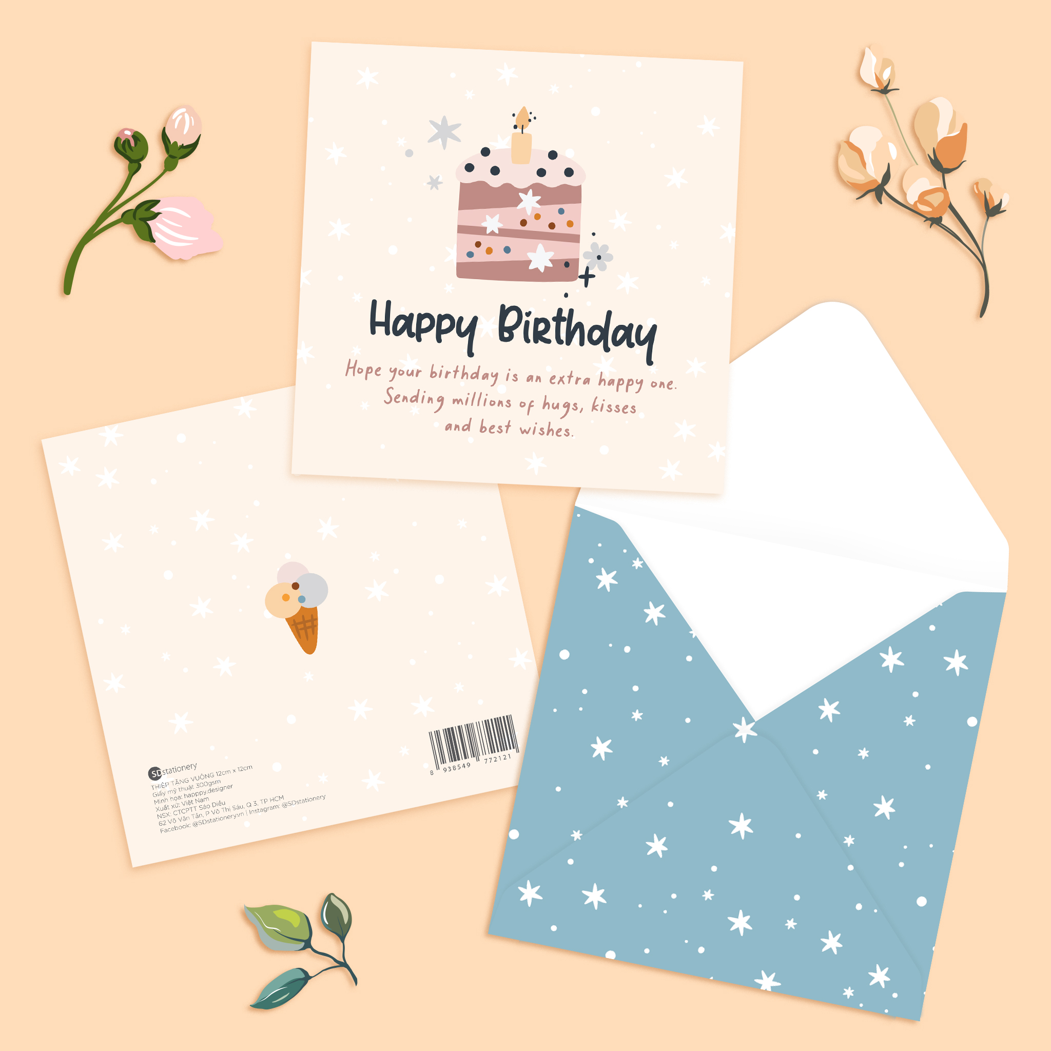 Set 4 thiệp chúc mừng sinh nhật SDstationery OCEAN 12x12 màu pastel nhẹ nhàng minh họa dễ thương cute cho người yêu biển