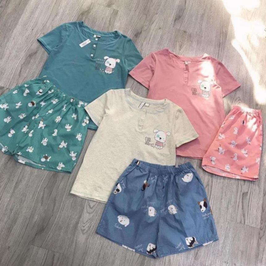 Bộ đồ nữ mặc nhà chất liệu vải thun cotton mát mẻ, hình thú chú chó nhỏ siêu cute