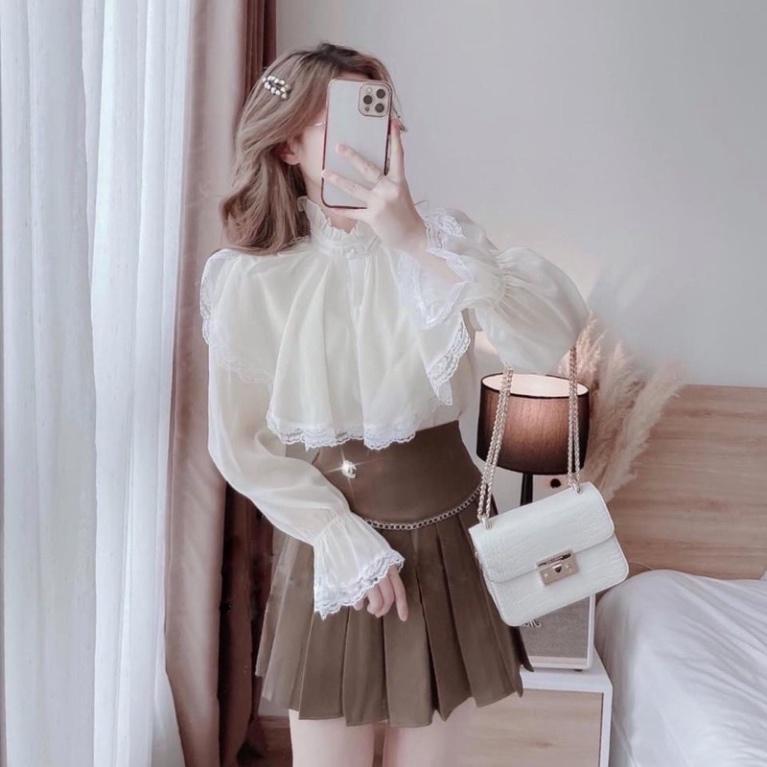 Áo sơ mi babydoll tiểu thư 2 lớp phối ren ulzzang nữ tính, mầu đen, trắng, be, cocoland