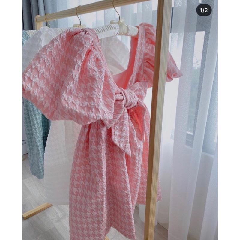 Đầm babydoll tay phồng cột nơ lưng chất xốp gân nổi , váy nữ dịu dàng nữ tính Hàn Quốc midushop88