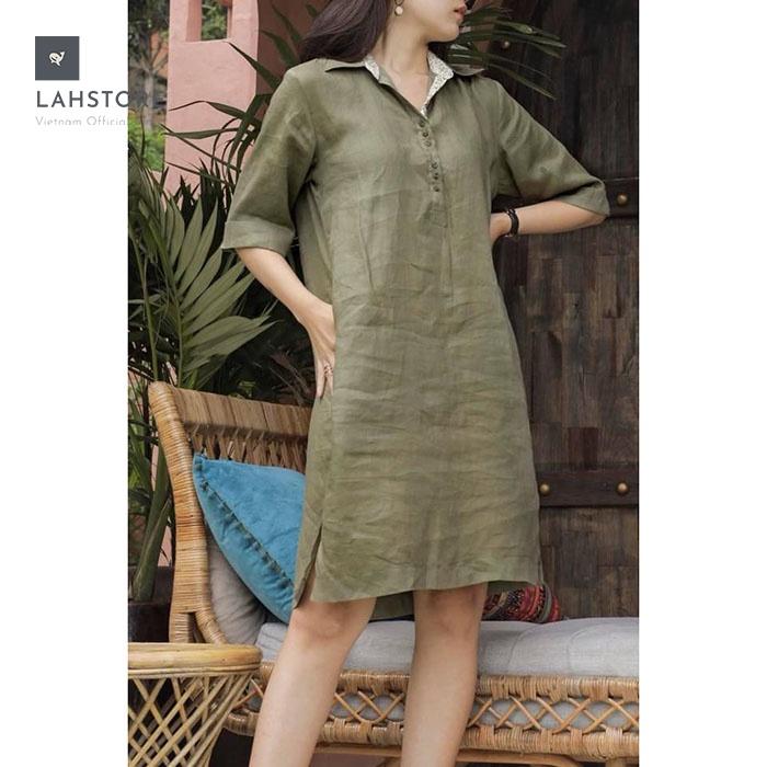 Đầm suông linen cổ đức tay lỡ túi sườn trẻ trung LAHSTORE
