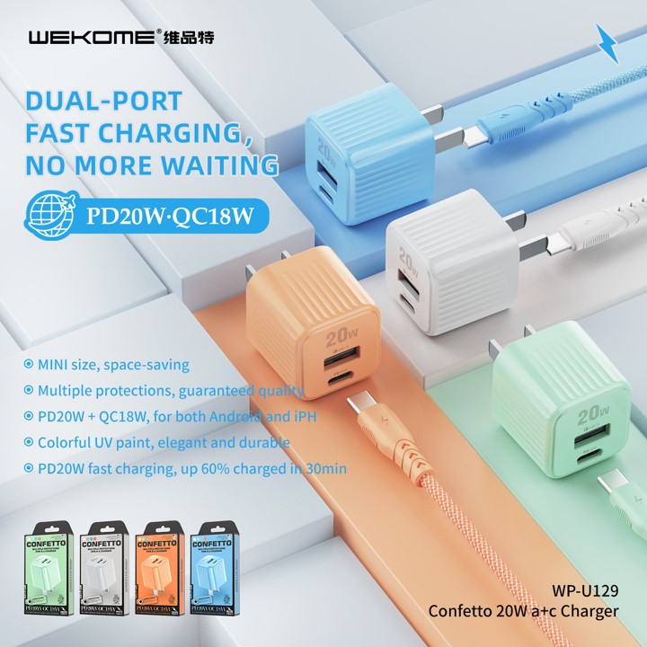 Cốc sạc nhanh 2 cổng WEKOME WP-129 USB QC 3.0 18W và TypeC PD 20W