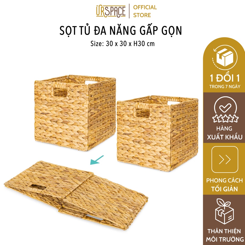 Giỏ cói không nắp URSPACE đựng đồ đa năng hình vuông có thể gấp gọn size 30 / HYACINTH FOLDING BASKET SIZE 30
