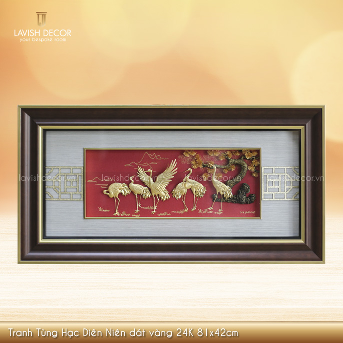 Tranh Tùng Hạc Diên Niên dát vàng 24K 81x42cm
