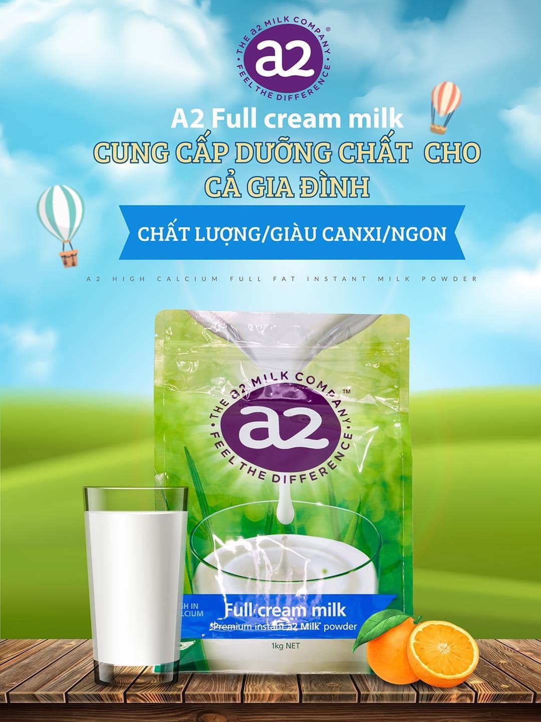 Sữa tăng chiều cao A2 nguyên kem full cream high in calcium phát triển xương, răng ở trẻ, chống loãng xương ở người lớn, tăng sức khỏe - OZ Slim Store