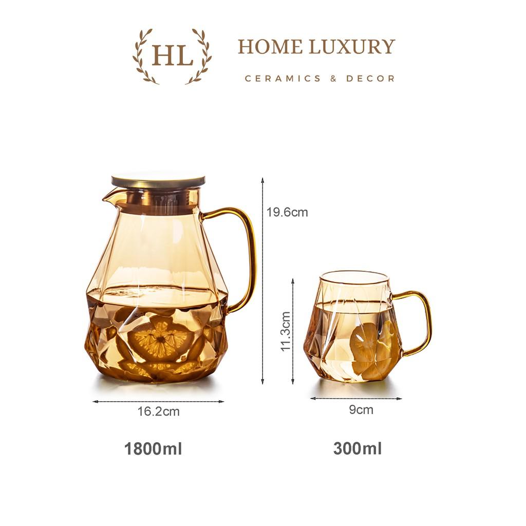 Bình Ly thuỷ tinh vàng có quai dáng kim cương | BỘ BÌNH CỐC BOROSILICATE SIÊU NHẸ - CHỊU NHIỆT - CƯỜNG LỰC LỤC GIÁC QUAI