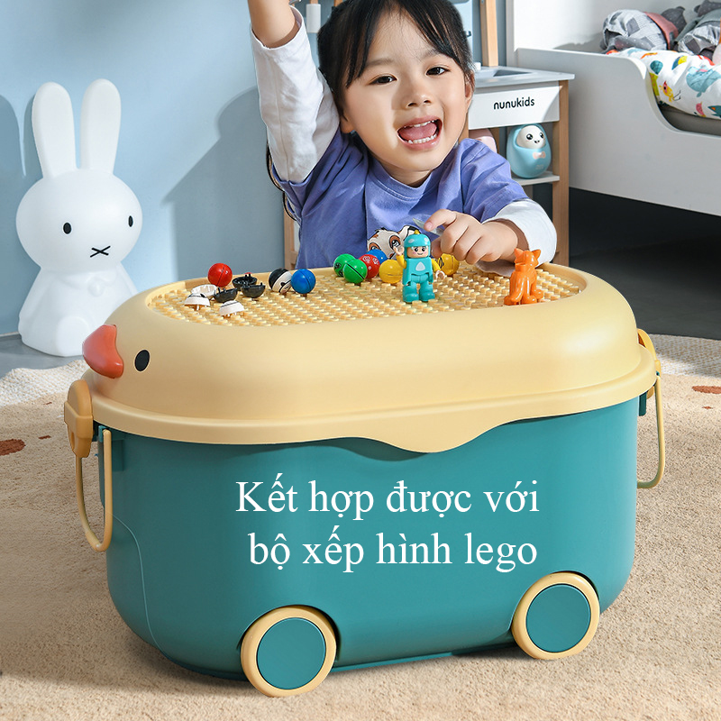 Thùng đựng đồ chơi cho bé KAVY NO.8809 hình con vịt có bánh xe, tay cầm nắp thùng xếp lego có thể đựng quần áo, sách vở