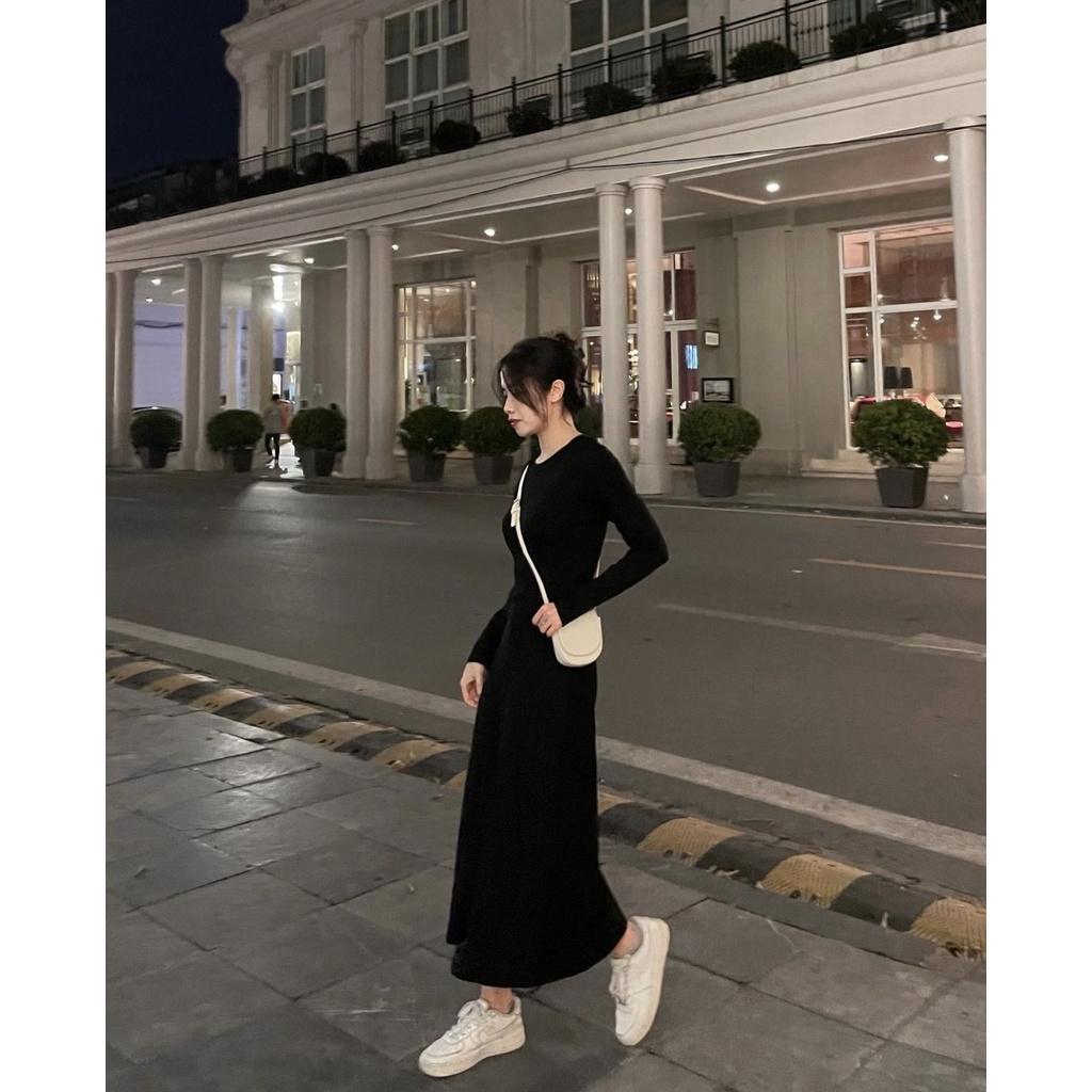 Váy suông dáng dài, váy maxi dài tay dáng xòe trơn basic cổ tròn vải thun tăm co giãn dày dặn phong cách Hàn Quốc,VAY025