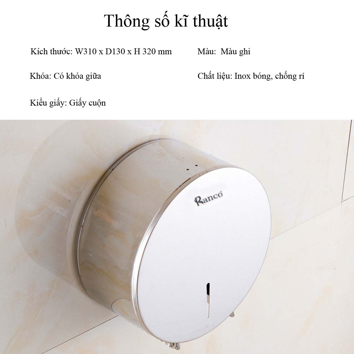 Hộp đựng giấy vệ sinh cuộn lớn tròn công cộng RANCO chất liệu inox 304 gắn tường bền đẹp đảm bảo - R08901