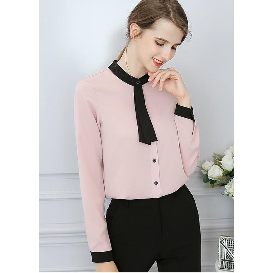 Áo sơ mi công sở nữ cổ trụ phối cavat, chất vải kate mềm mát, hàng nhập Quảng Châu