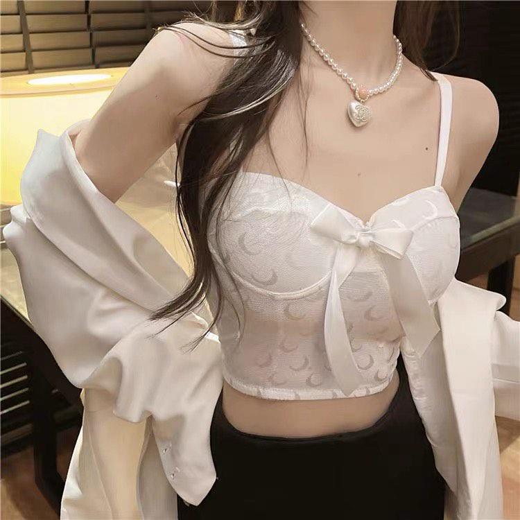 M43. Áo 2 dây croptop ren họa tiết mặt trăng, áo nữ kiểu ren nơ có sẵn mút ngực (có sẵn - miễn ship)