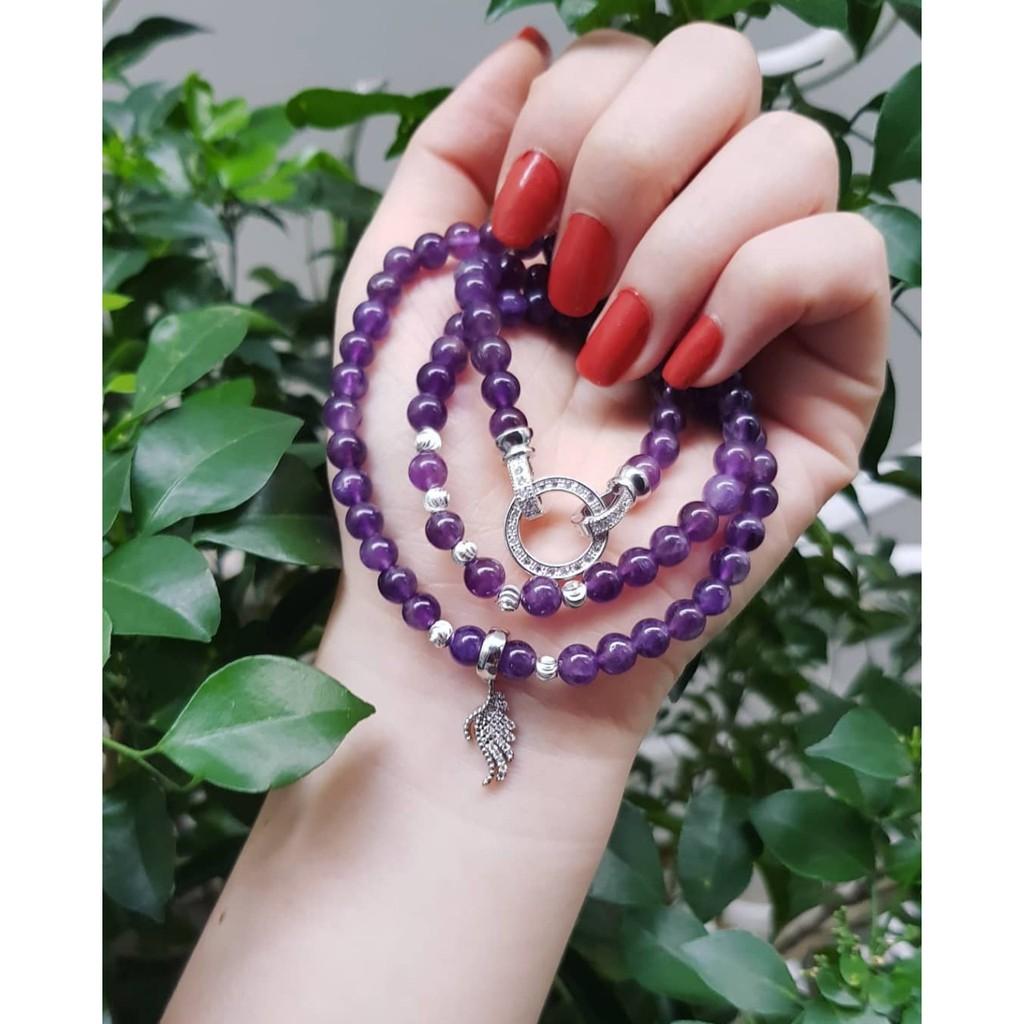 Vòng tay quấn 3 vòng thời trang tím đậm mix charm hợp kim mạ trắng cao cấp