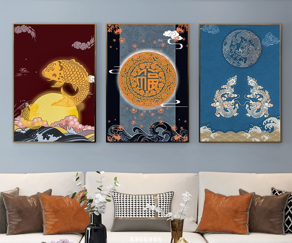 Bộ 3 Tranh Nghệ Thuật Phong Cách Phương Đông - Tranh In Vải Canvas, Khung Composite Cao Cấp