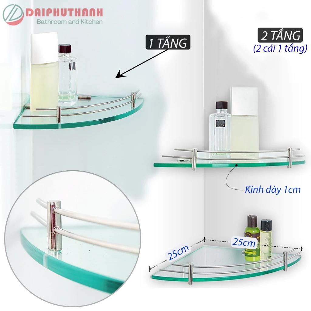 Kệ Kính Cường Lực Lắp Góc Nhà Tắm KZ-KKG01 - Có 1 và 2 tầng, phụ kiện inox 201 hoặc 304, nhỏ gọn tiết kiệm diện tích
