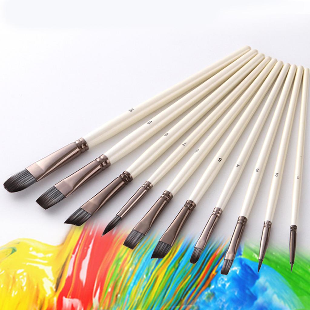 10PCS Artist Paint Brushes Flat Round Tip Acrylic Oil Watercolour Art Painting