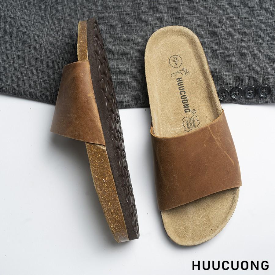 Dép Unisex HuuCuong 1 quai da bò nâu đế trấu handmade