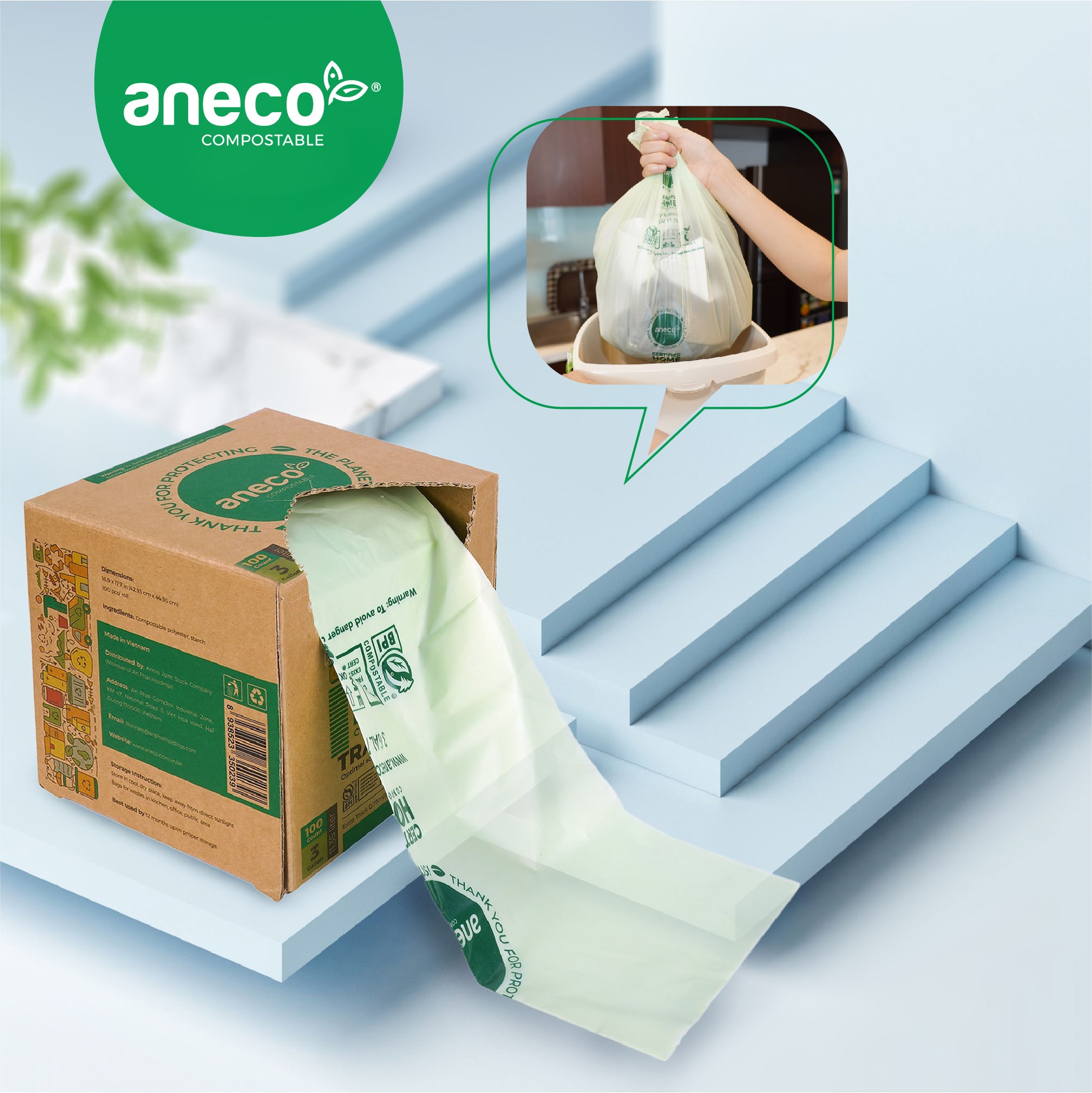 [Premium] Hộp túi rác ANECO dạng cuộn 11.35 lít sinh học phân hủy hoàn toàn (1kg)