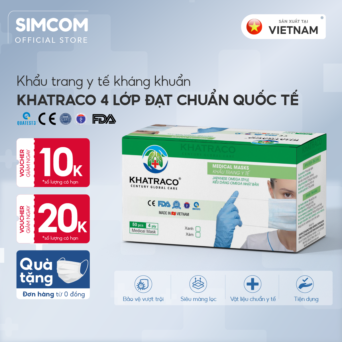 Khẩu trang y tế kháng khuẩn 4 lớp Khatraco Medimask hộp 50 chiếc đạt tiêu chuẩn FDA,CE quốc tếkhẩu trang kháng khuẩn 4 lớp dành cho người lớn,khẩu trang 4 lớp mềm mại có vải kháng khuẩn ngăn ngừa bụi bẩn,vi khuẩn sử dụng 1 lần