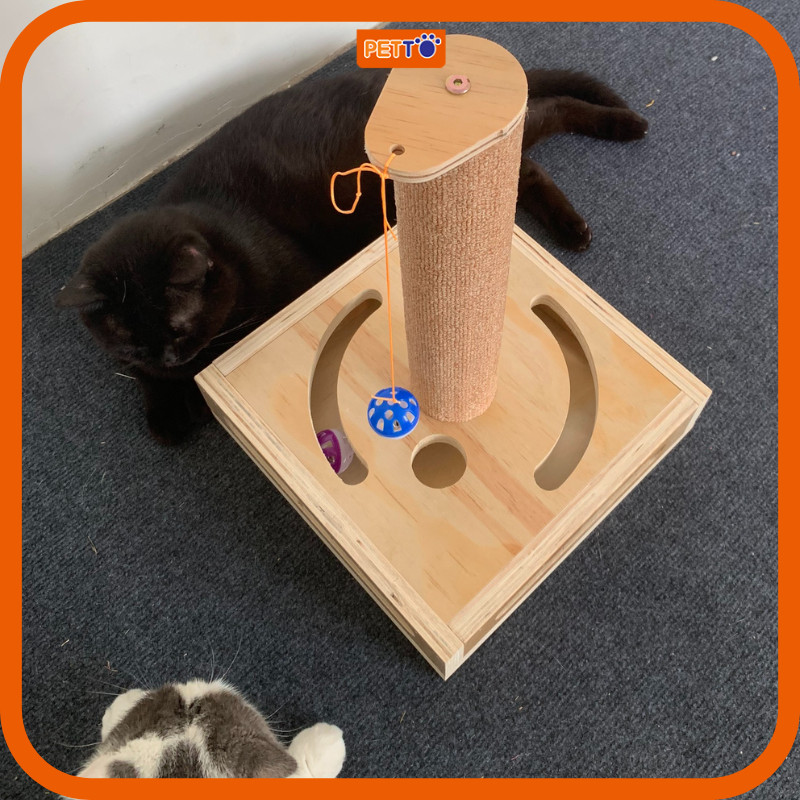Cattree cho mèo bằng gỗ kèm HỘC ĐỒ CHƠI bóng chuông mẫu mới giúp mèo giảm STRESS vui chơi hiệu quả CT051